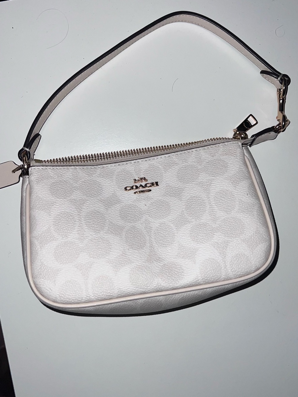 Coach White Signature Mini Wristlet with Gold-Tone Logo